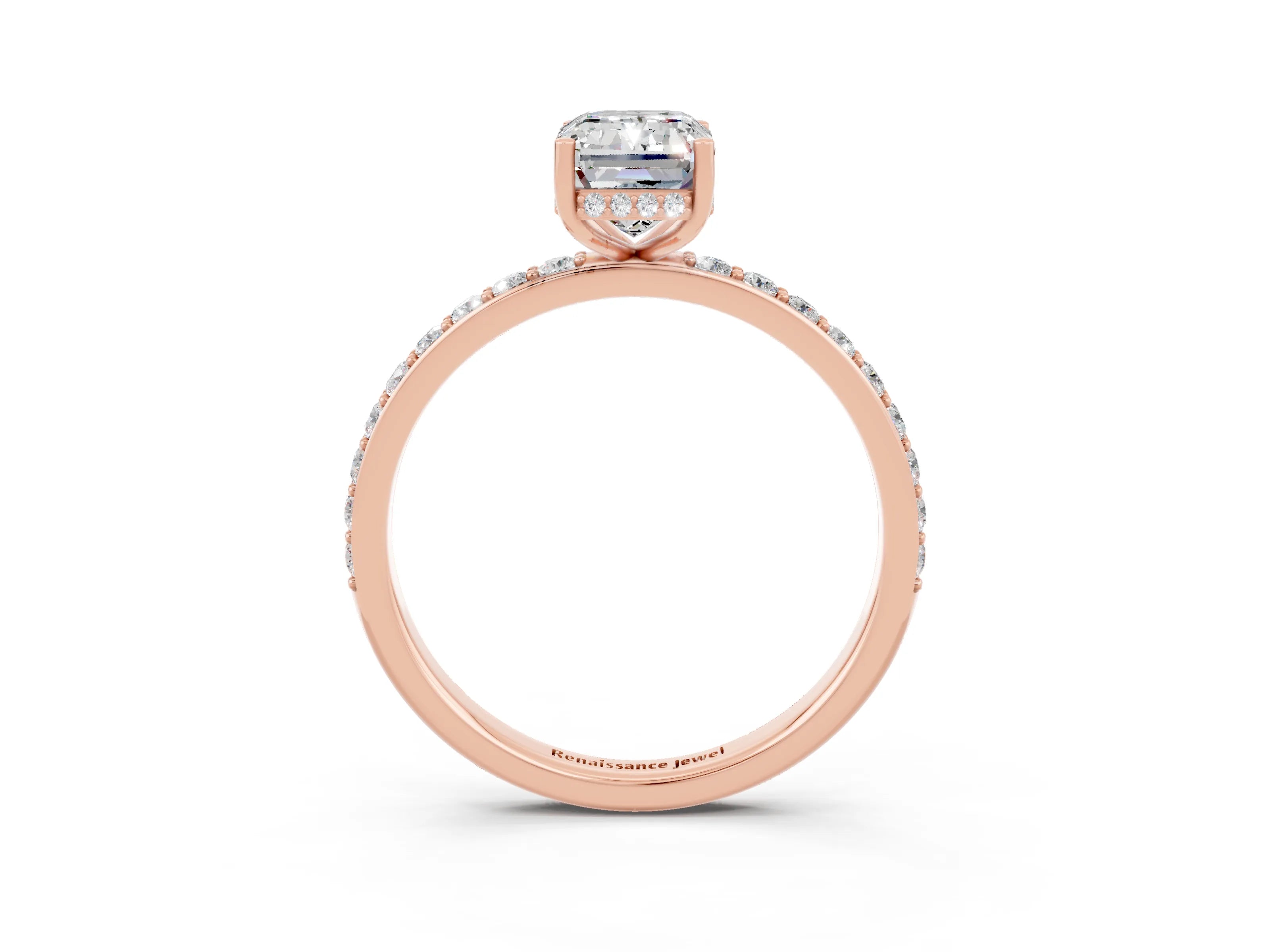 Rose gold Emerald Cut Moissanite Solitaire Ring with Pavé Band and Hidden Halo_15