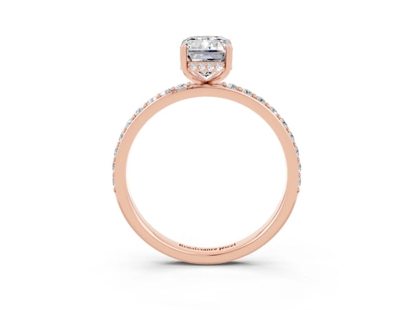 Rose gold Emerald Cut Moissanite Solitaire Ring with Pavé Band and Hidden Halo