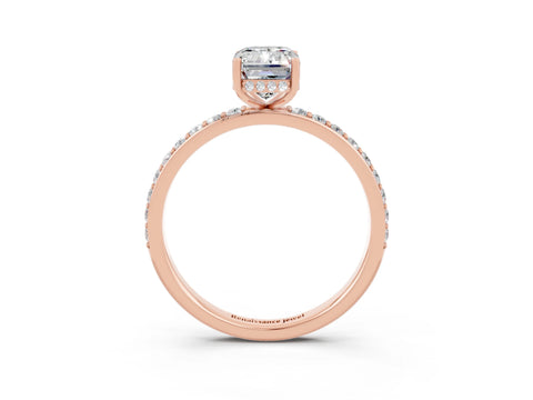 Rose gold Emerald Cut Moissanite Solitaire Ring with Pavé Band and Hidden Halo_15