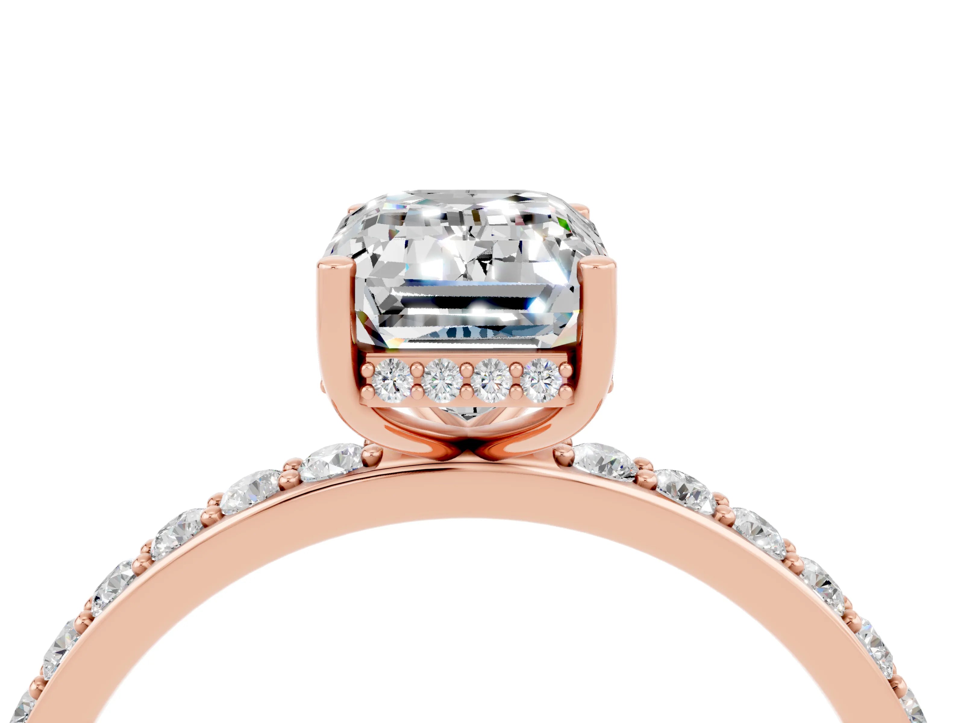 Rose gold Emerald Cut Moissanite Solitaire Ring with Pavé Band and Hidden Halo_16