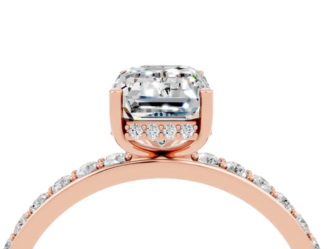 Rose gold Emerald Cut Moissanite Solitaire Ring with Pavé Band and Hidden Halo_16