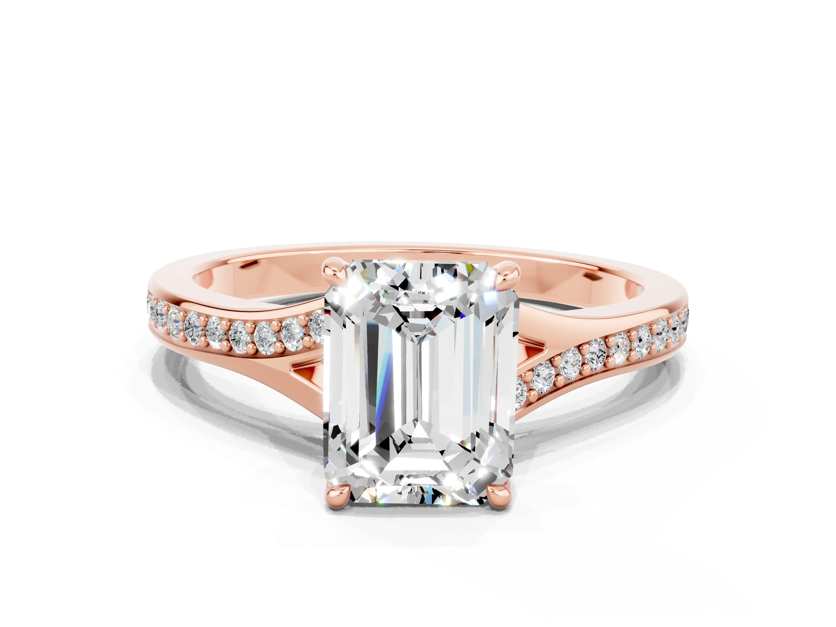 Rose gold Emerald Cut Moissanite Solitaire Ring with Pavé Band and Prong Setting