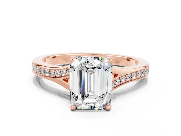 Rose gold Emerald Cut Moissanite Solitaire Ring with Pavé Band and Prong Setting