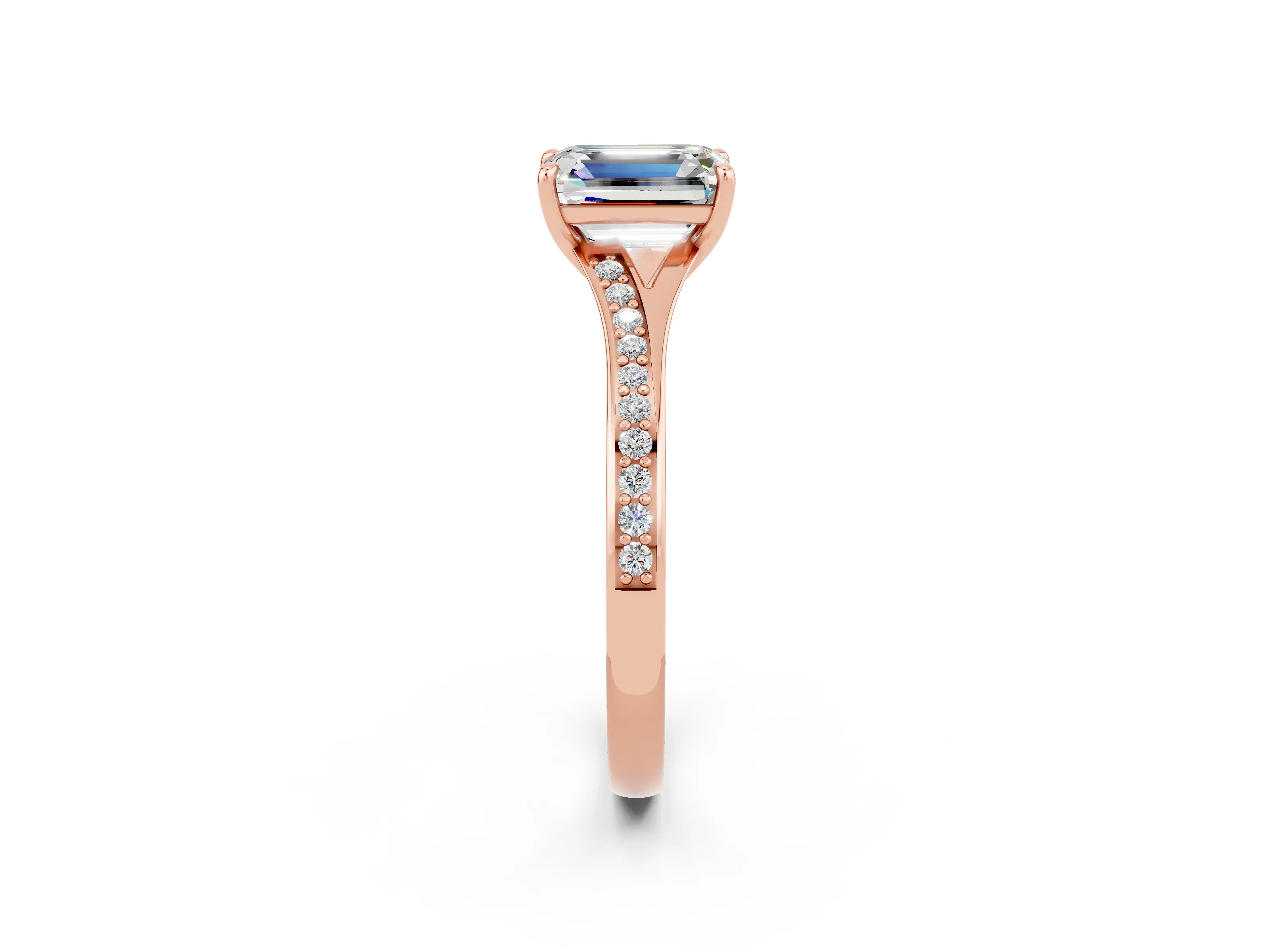 Rose gold Emerald Cut Moissanite Solitaire Ring with Pavé Band and Prong Setting_2