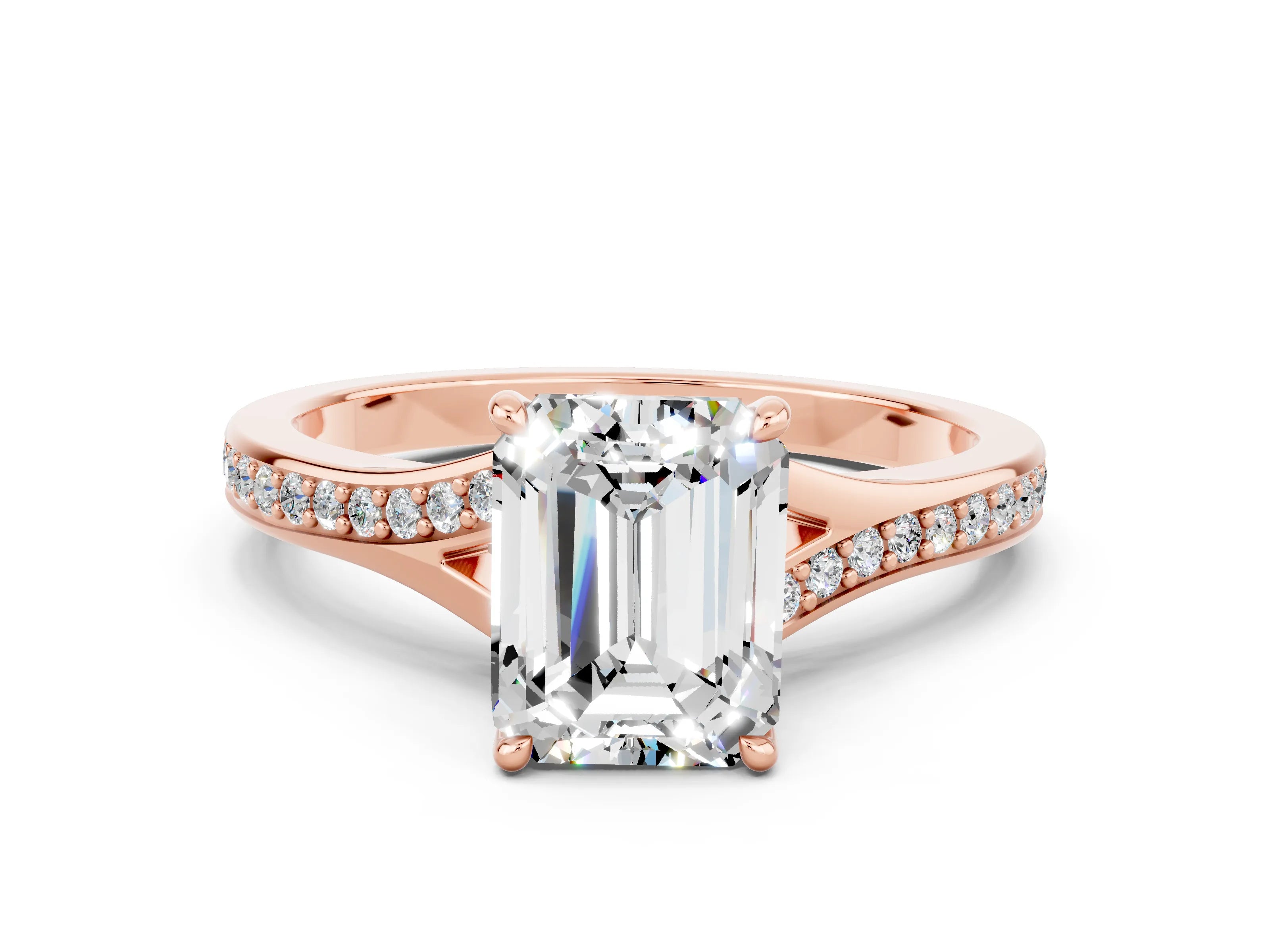 Rose gold Emerald Cut Moissanite Solitaire Ring with Pavé Band and Prong Setting_24