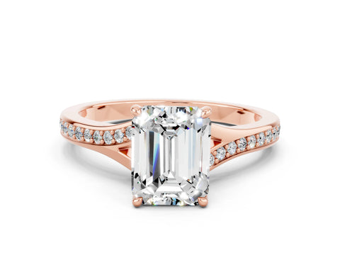 Rose gold Emerald Cut Moissanite Solitaire Ring with Pavé Band and Prong Setting_24