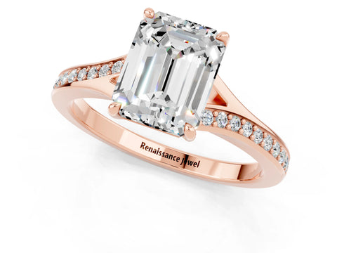 Rose gold Emerald Cut Moissanite Solitaire Ring with Pavé Band and Prong Setting_25