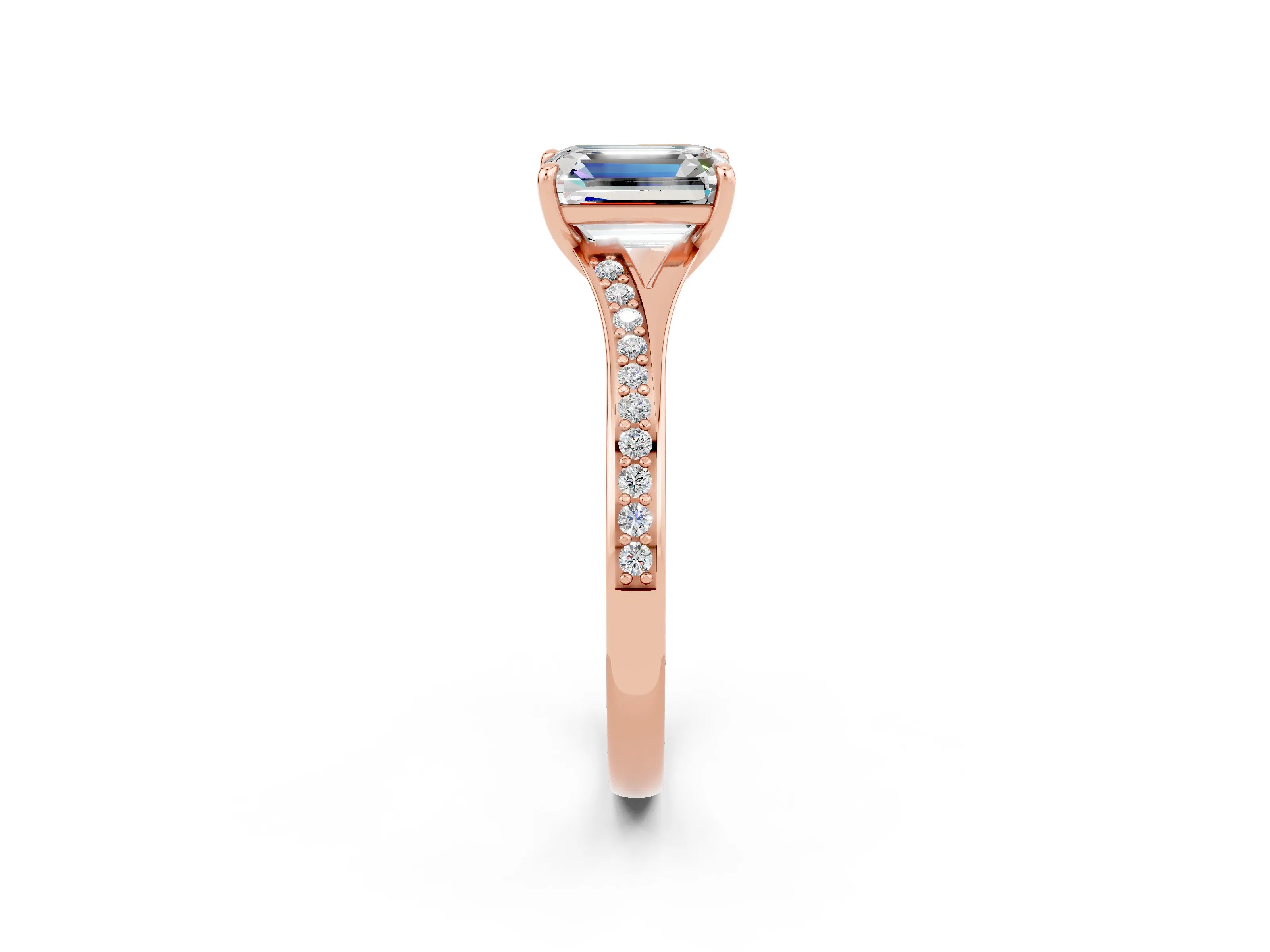 Rose gold Emerald Cut Moissanite Solitaire Ring with Pavé Band and Prong Setting_26