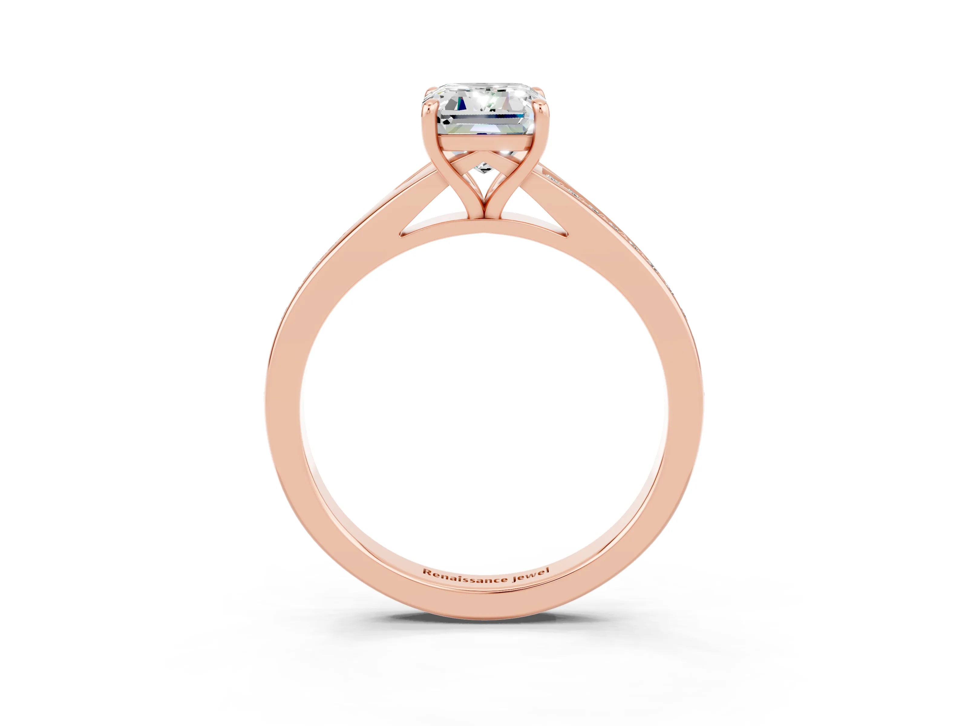 Rose gold Emerald Cut Moissanite Solitaire Ring with Pavé Band and Prong Setting_27