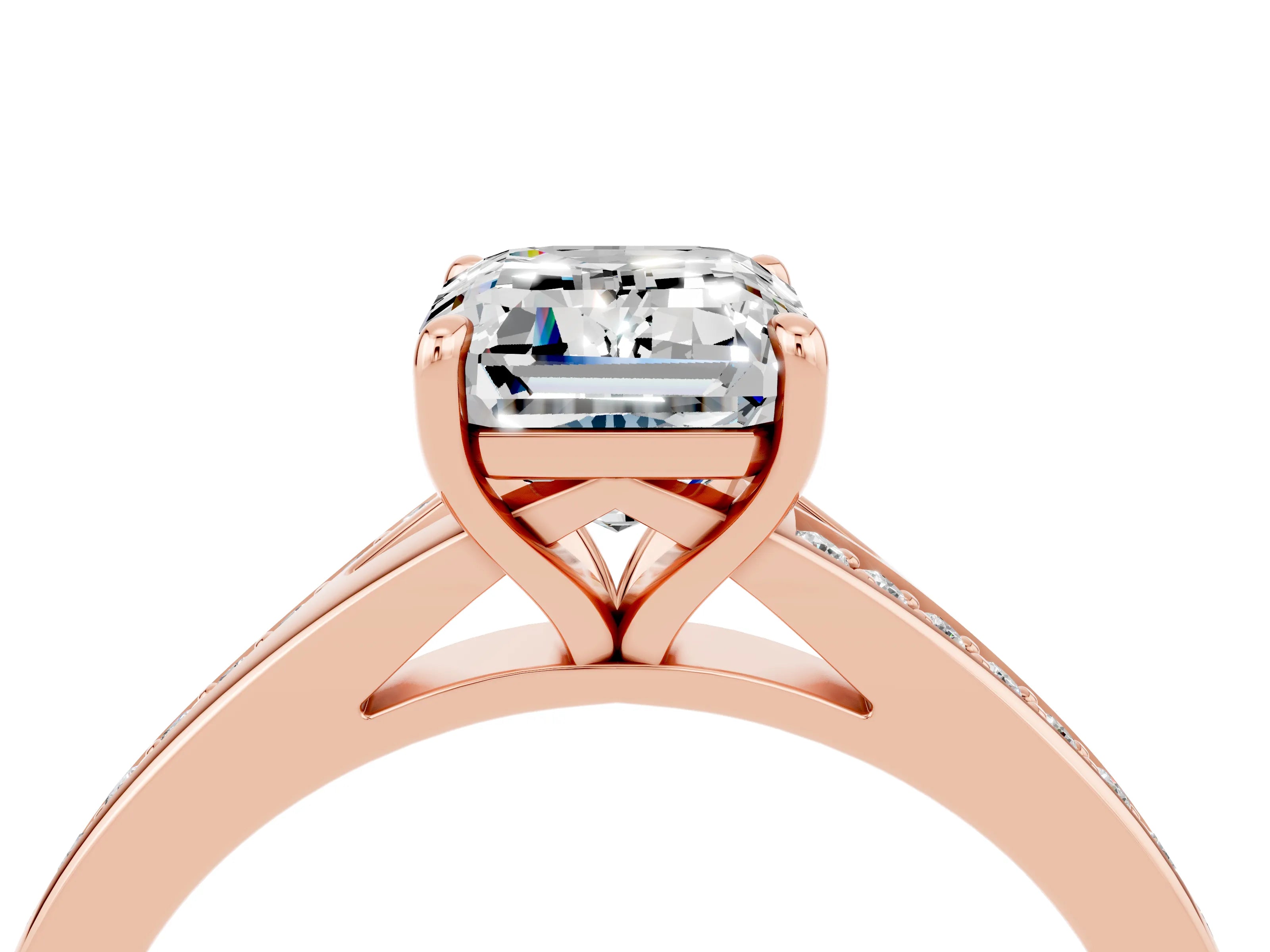 Rose gold Emerald Cut Moissanite Solitaire Ring with Pavé Band and Prong Setting_28