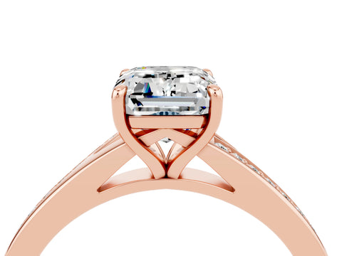 Rose gold Emerald Cut Moissanite Solitaire Ring with Pavé Band and Prong Setting_28