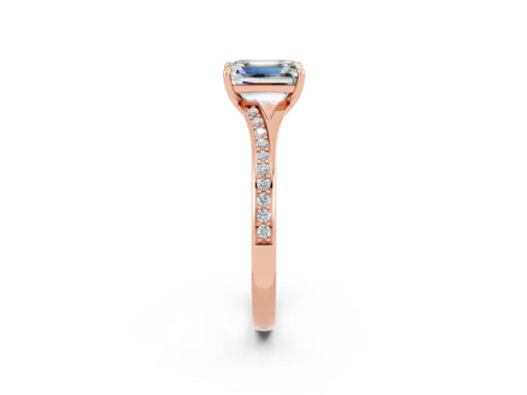 Rose gold Emerald Cut Moissanite Solitaire Ring with Pavé Band and Prong Setting_2