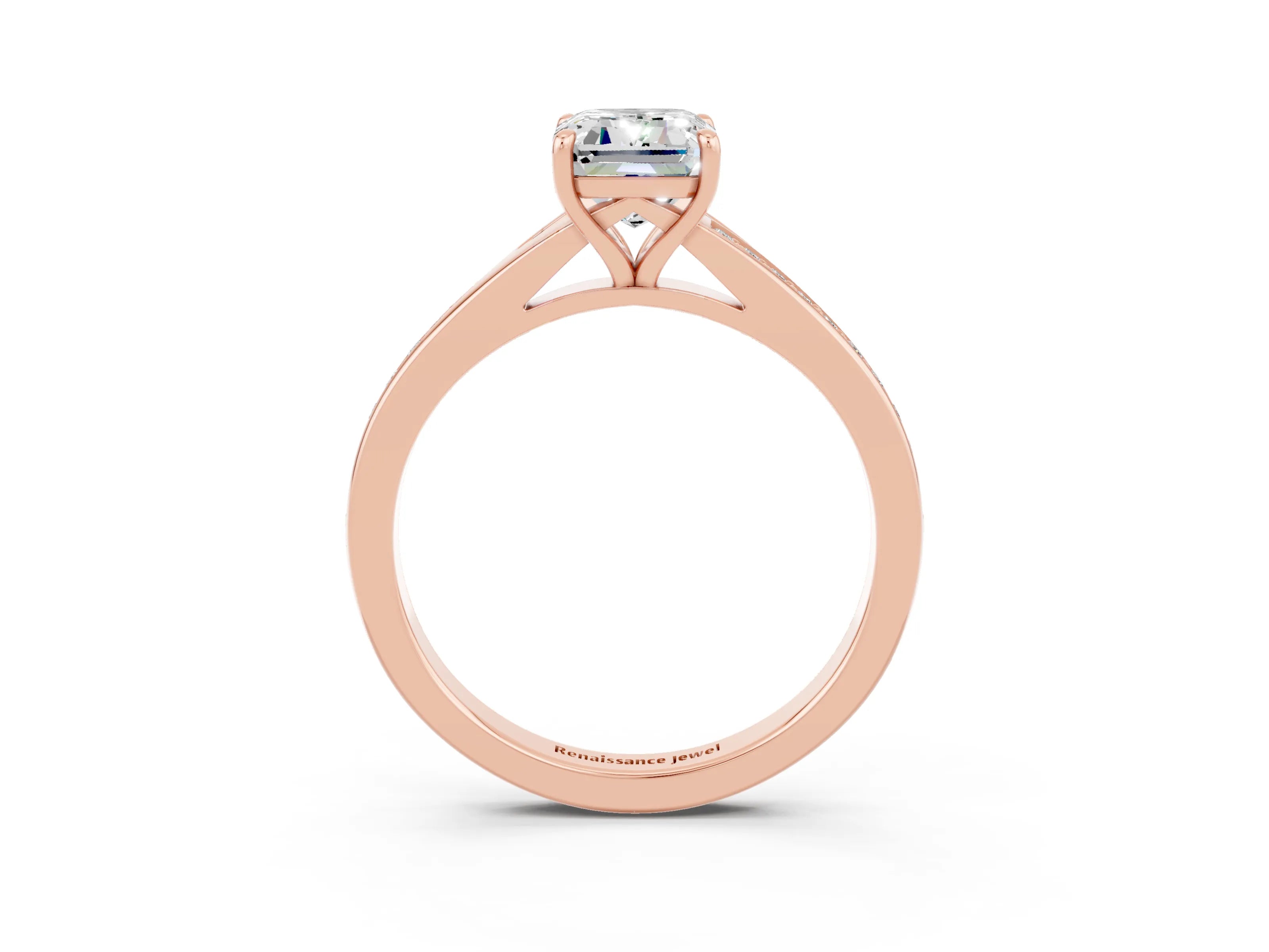 Rose gold Emerald Cut Moissanite Solitaire Ring with Pavé Band and Prong Setting_3