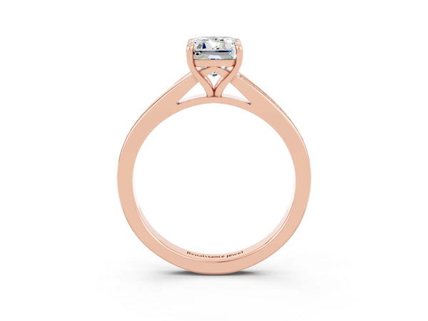 Rose gold Emerald Cut Moissanite Solitaire Ring with Pavé Band and Prong Setting