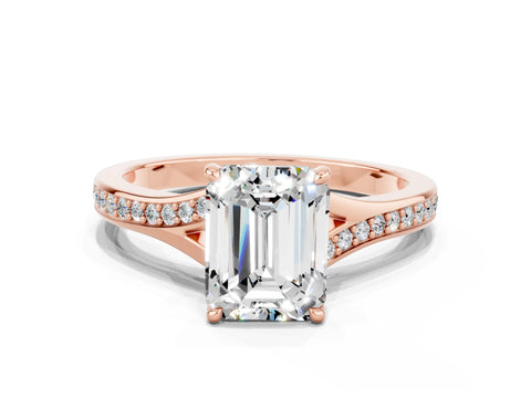 Rose gold Emerald Cut Moissanite Solitaire Ring with Pavé Band and Prong Setting