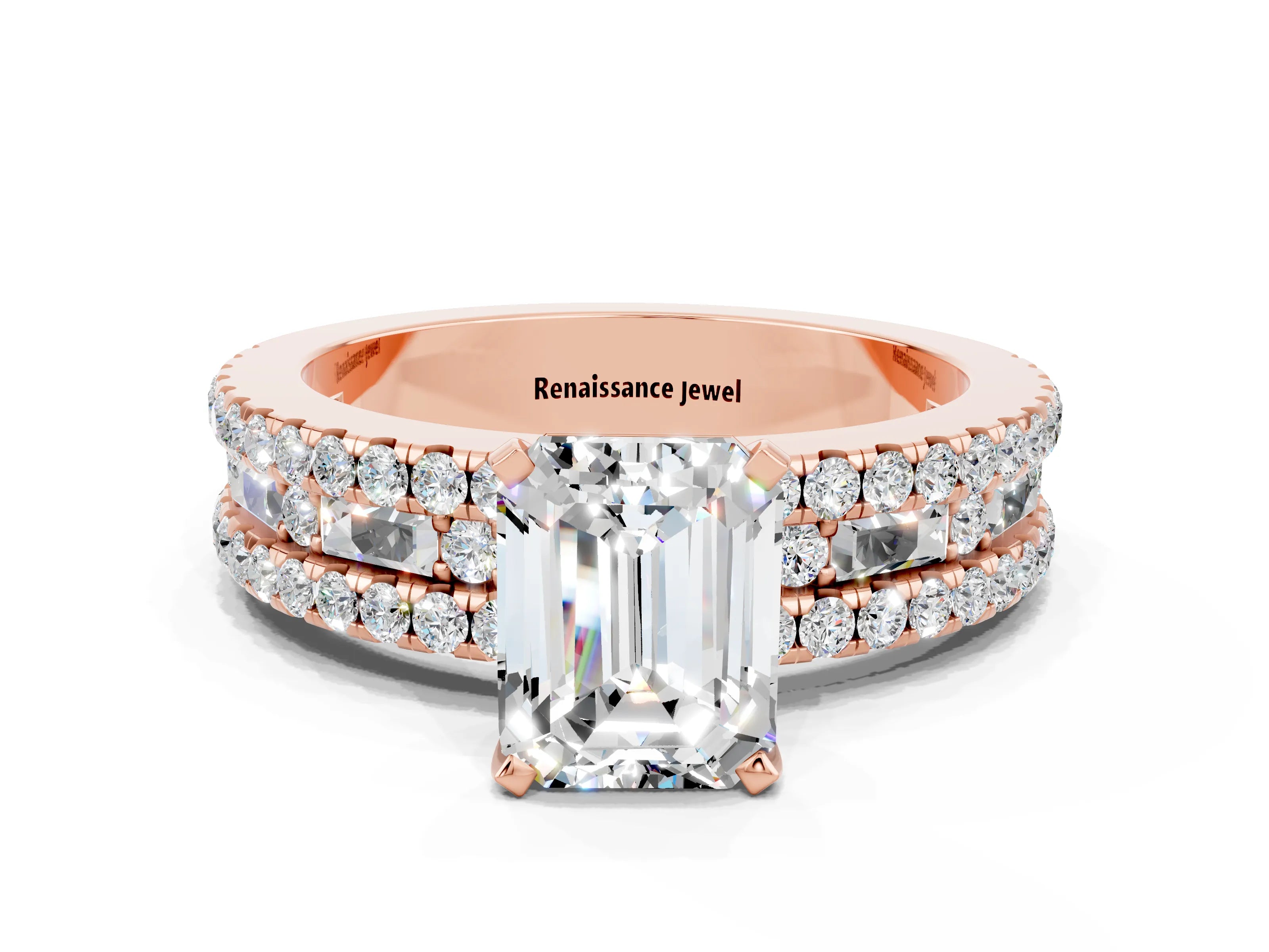Rose gold Emerald Cut Moissanite Solitaire Ring with Pavé and Channel Set Band
