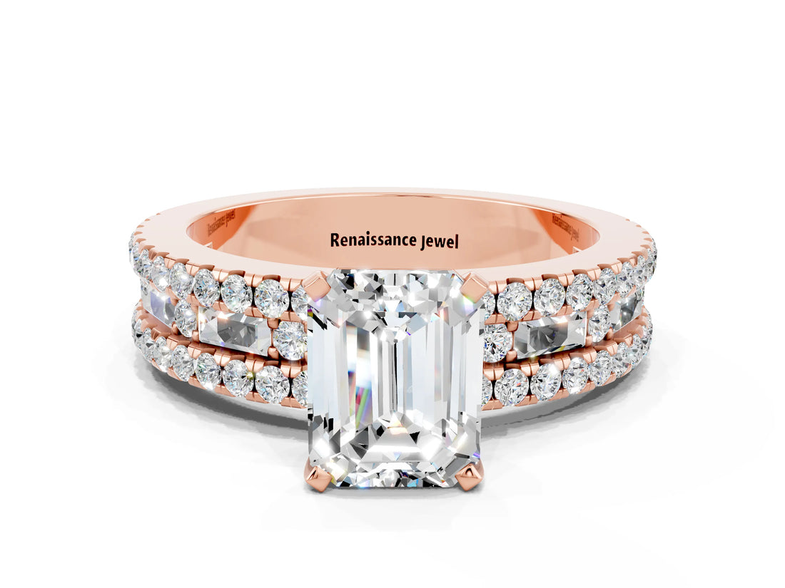 Rose gold Emerald Cut Moissanite Solitaire Ring with Pavé and Channel Set Band