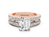 Rose gold Emerald Cut Moissanite Solitaire Ring with Pavé and Channel Set Band