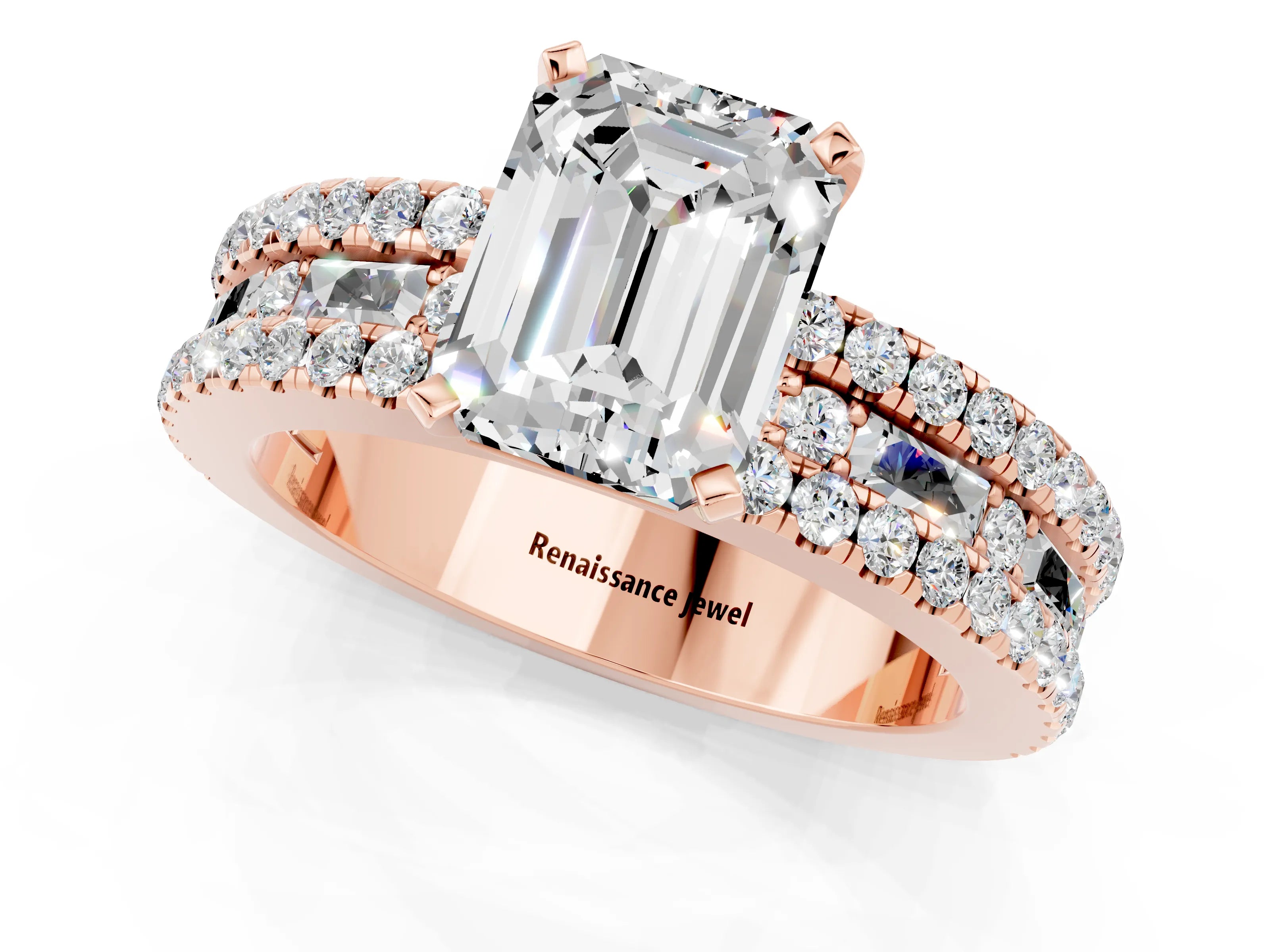 Rose gold Emerald Cut Moissanite Solitaire Ring with Pavé and Channel Set Band_1