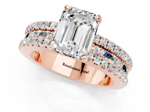 Rose gold Emerald Cut Moissanite Solitaire Ring with Pavé and Channel Set Band_1