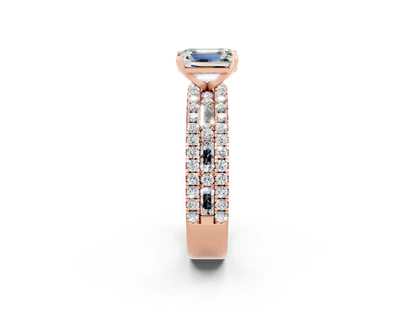 Rose gold Emerald Cut Moissanite Solitaire Ring with Pavé and Channel Set Band