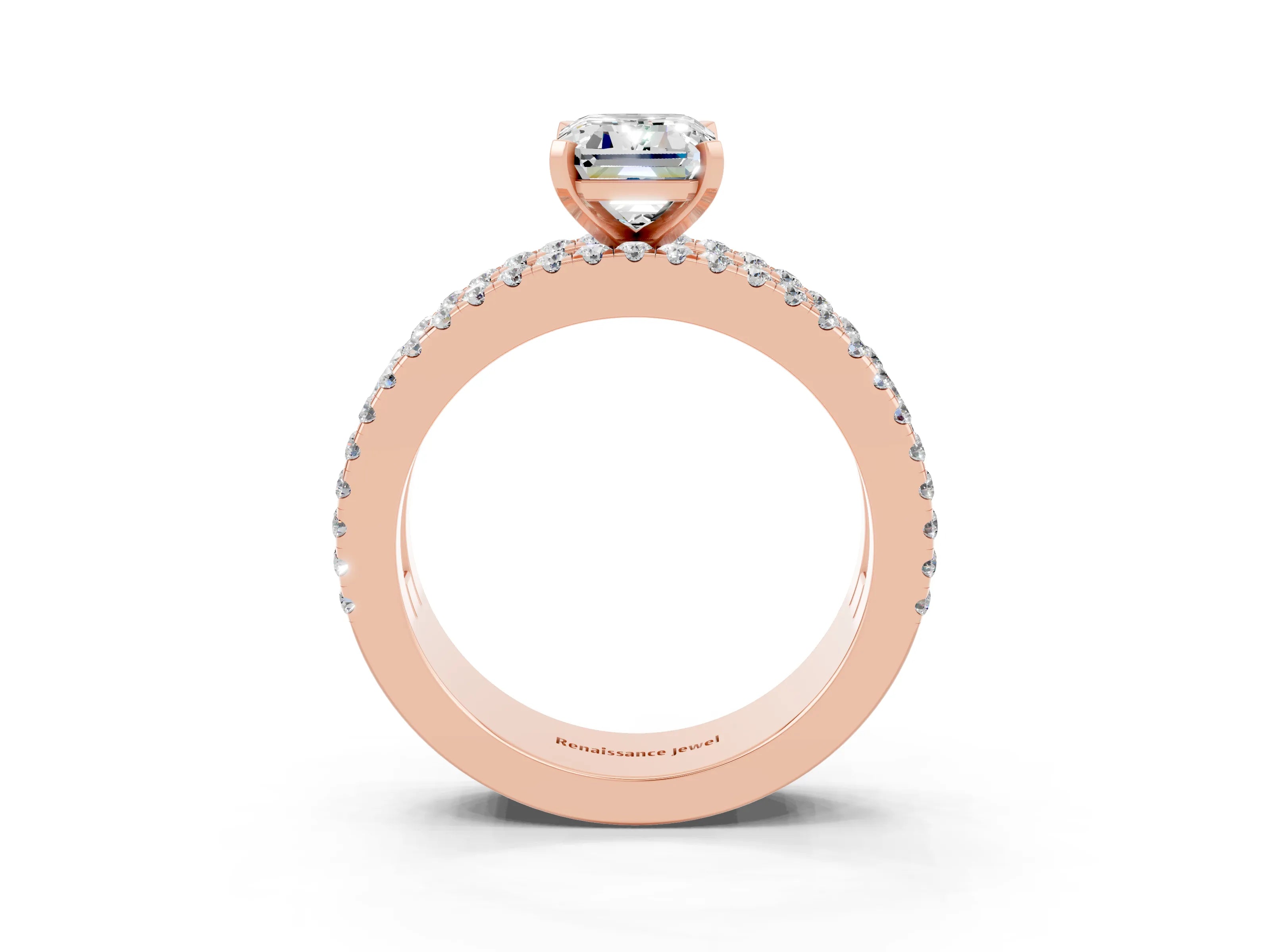 Rose gold Emerald Cut Moissanite Solitaire Ring with Pavé and Channel Set Band_3