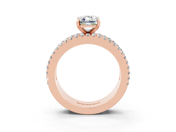 Rose gold Emerald Cut Moissanite Solitaire Ring with Pavé and Channel Set Band