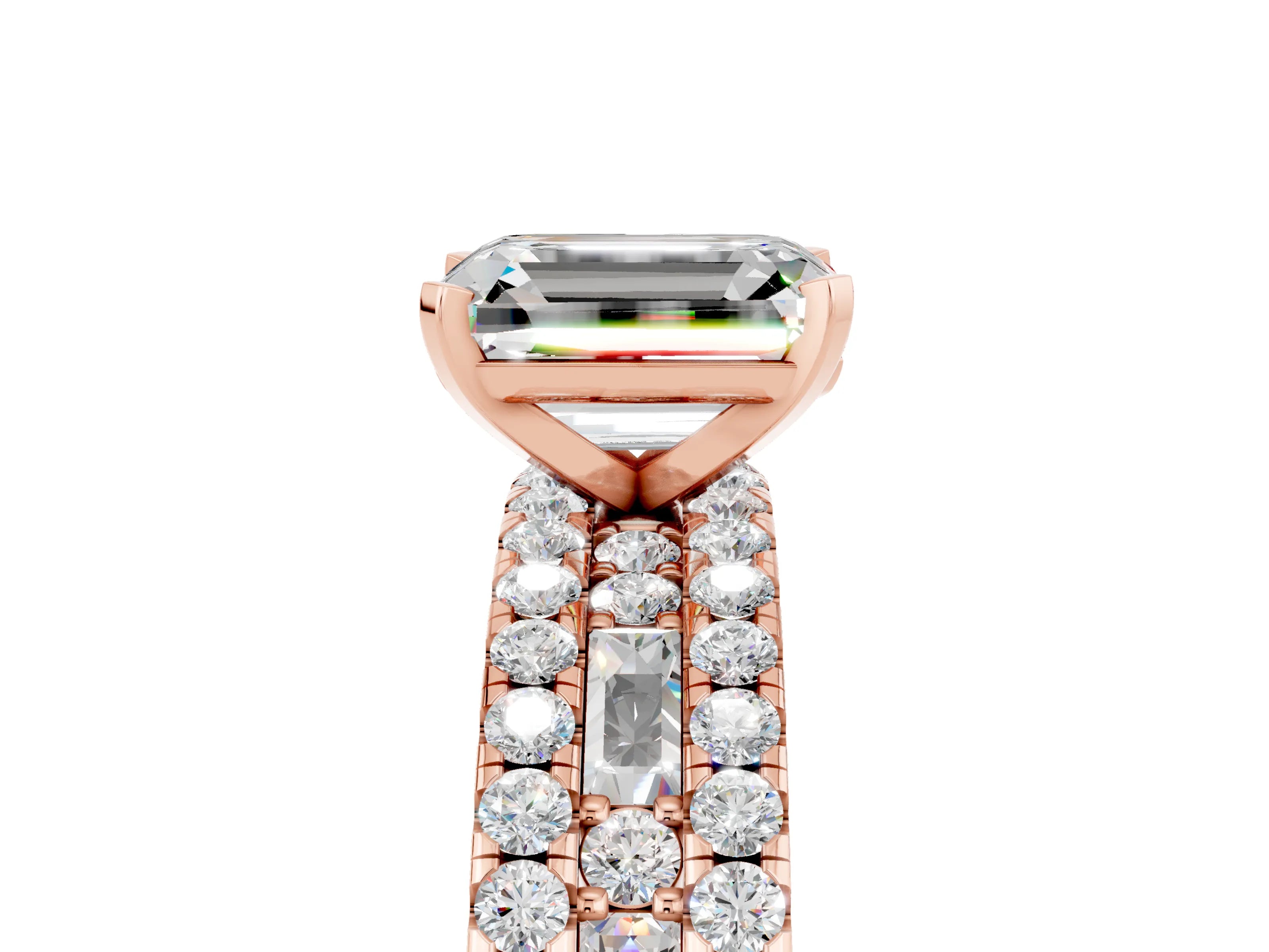 Rose gold Emerald Cut Moissanite Solitaire Ring with Pavé and Channel Set Band_5