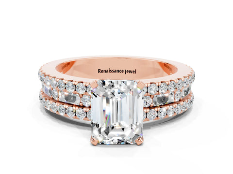 Rose gold Emerald Cut Moissanite Solitaire Ring with Pavé and Channel Set Band