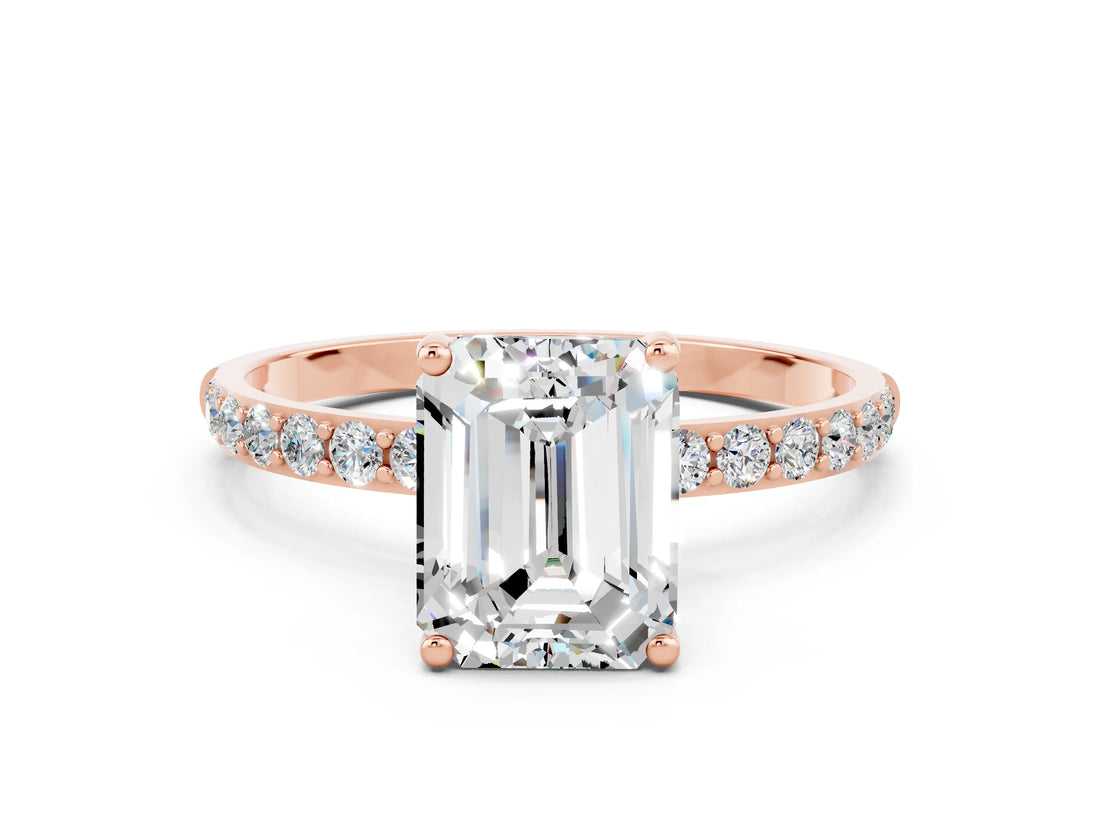 Rose gold Emerald Cut Moissanite Solitaire Ring with Pave Band and Four Prong Setting_24