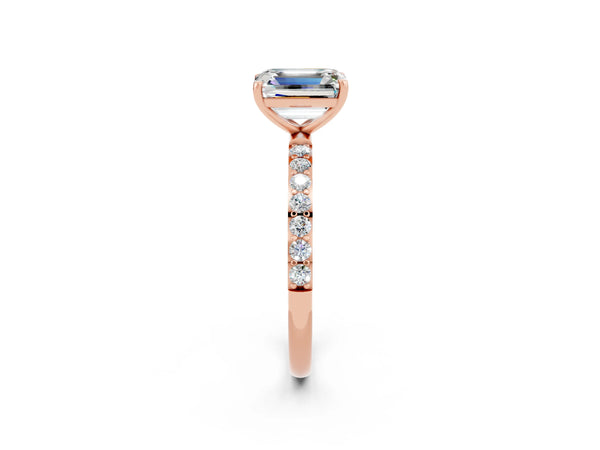 Rose gold Emerald Cut Moissanite Solitaire Ring with Round  Pavé Band and Prong Setting