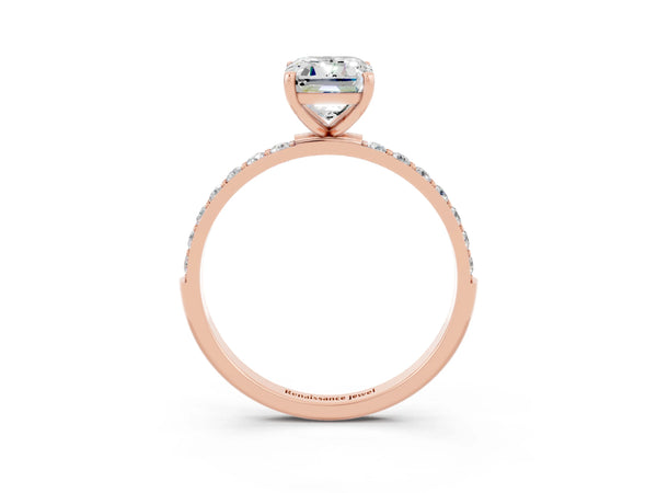 Rose gold Emerald Cut Moissanite Solitaire Ring with Round  Pavé Band and Prong Setting