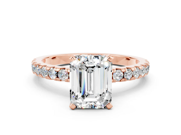 Rose gold Emerald Cut Moissanite Solitaire Ring with Round  Pavé Band and Four-Prong Setting