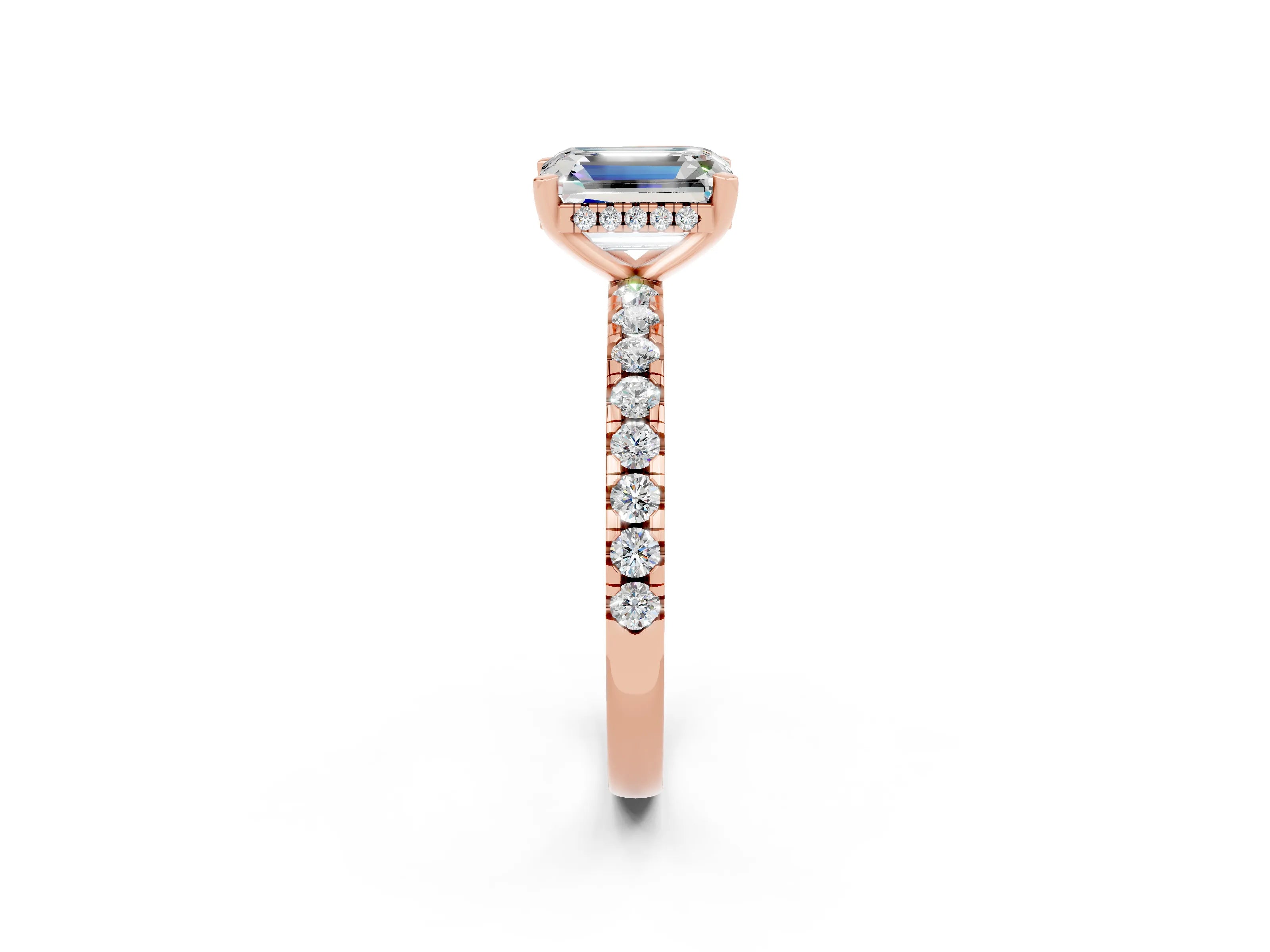 Rose gold Emerald Cut Moissanite Solitaire Ring with Round  Pavé Band and Four-Prong Setting_32