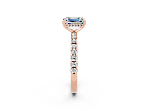 Rose gold Emerald Cut Moissanite Solitaire Ring with Round  Pavé Band and Four-Prong Setting_32