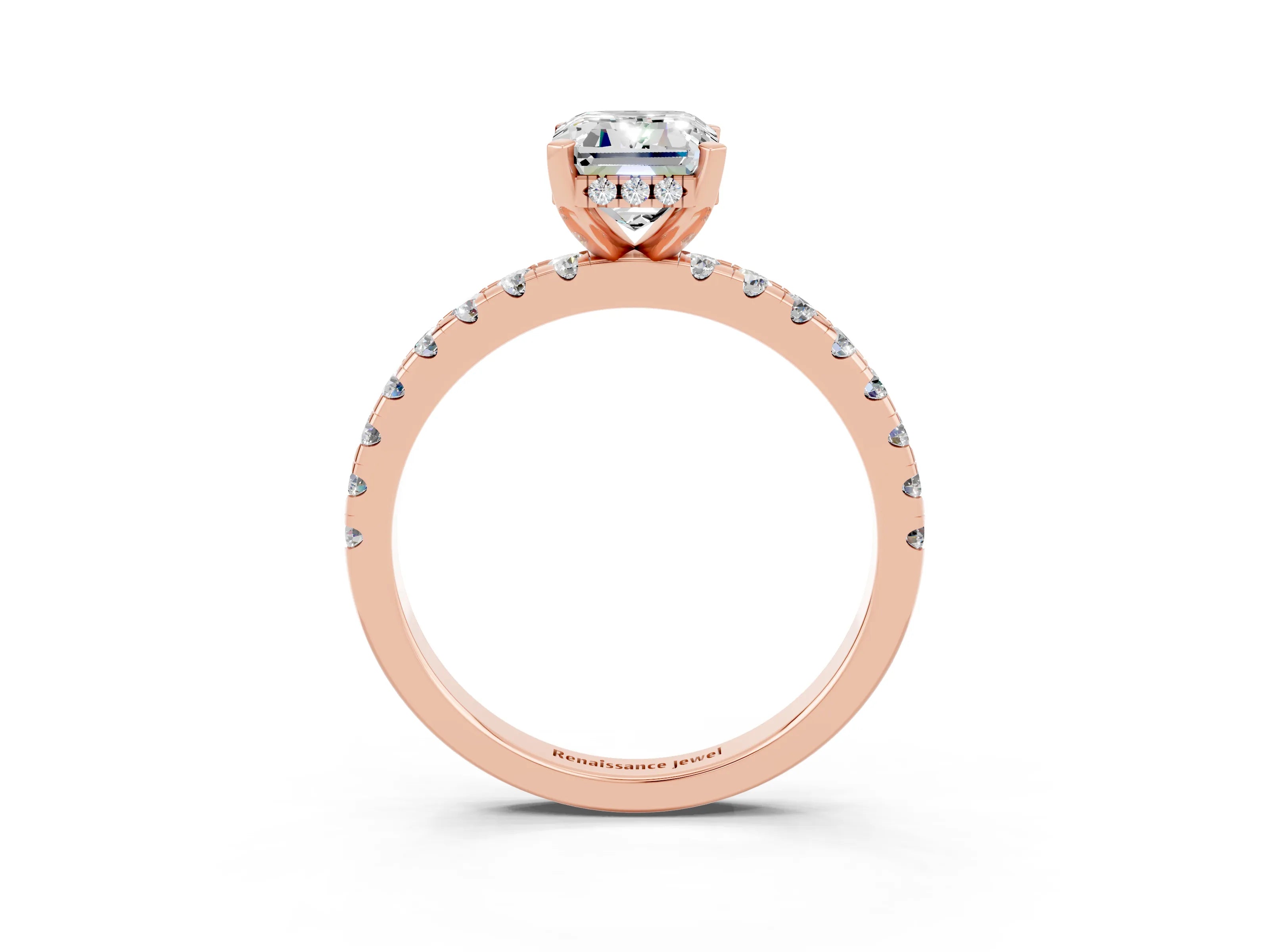 Rose gold Emerald Cut Moissanite Solitaire Ring with Round  Pavé Band and Four-Prong Setting_33