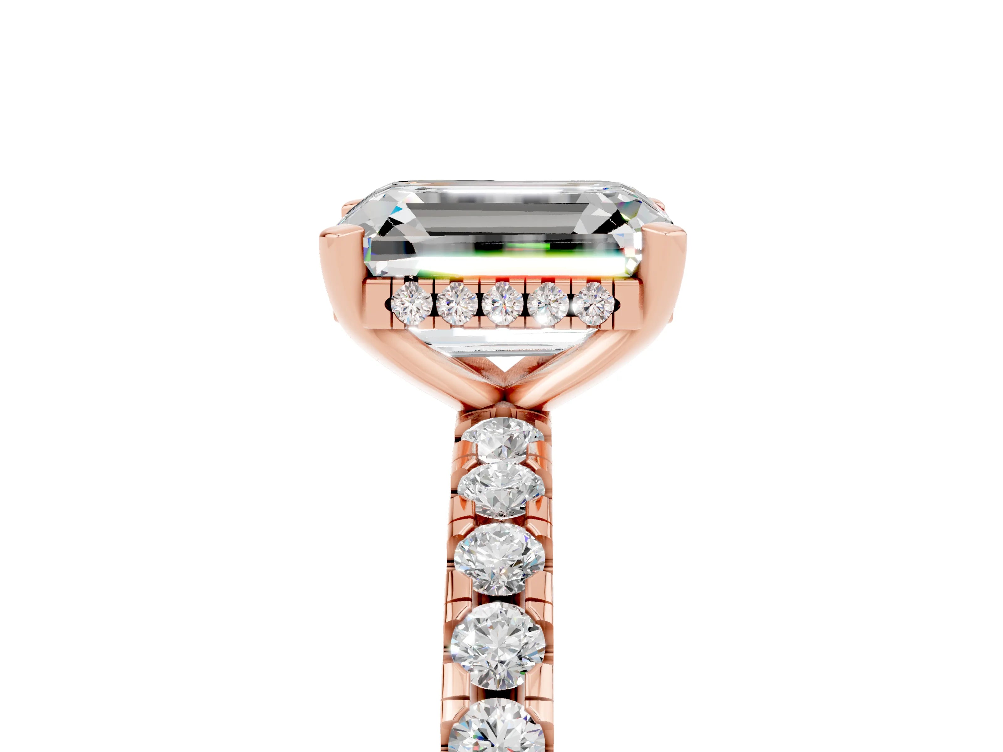Rose gold Emerald Cut Moissanite Solitaire Ring with Round  Pavé Band and Four-Prong Setting_35