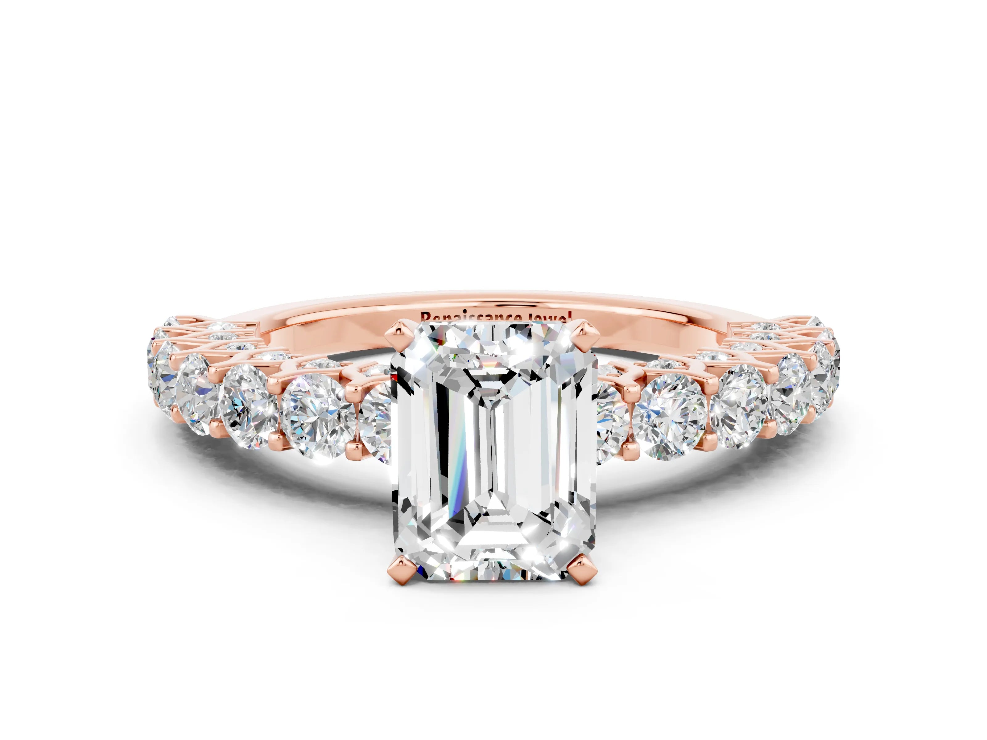 Rose gold Emerald Cut Moissanite Solitaire Ring with Shared Prong Pavé Band and Four-Prong Setting