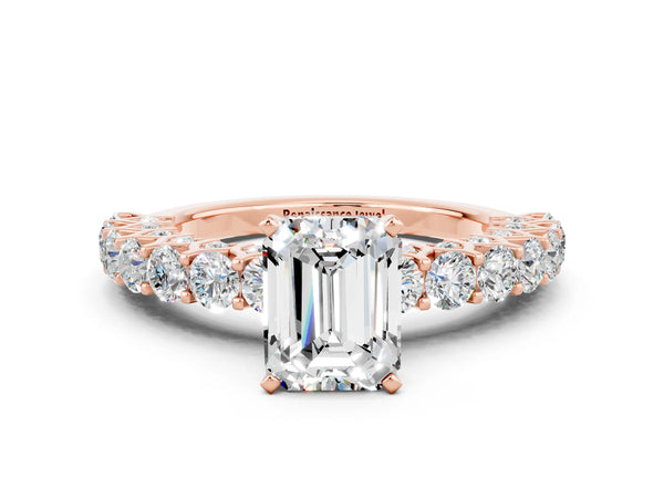 Rose gold Emerald Cut Moissanite Solitaire Ring with Shared Prong Pavé Band and Four-Prong Setting