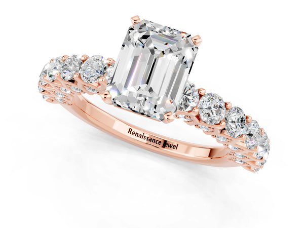 Rose gold Emerald Cut Moissanite Solitaire Ring with Shared Prong Pavé Band and Four-Prong Setting