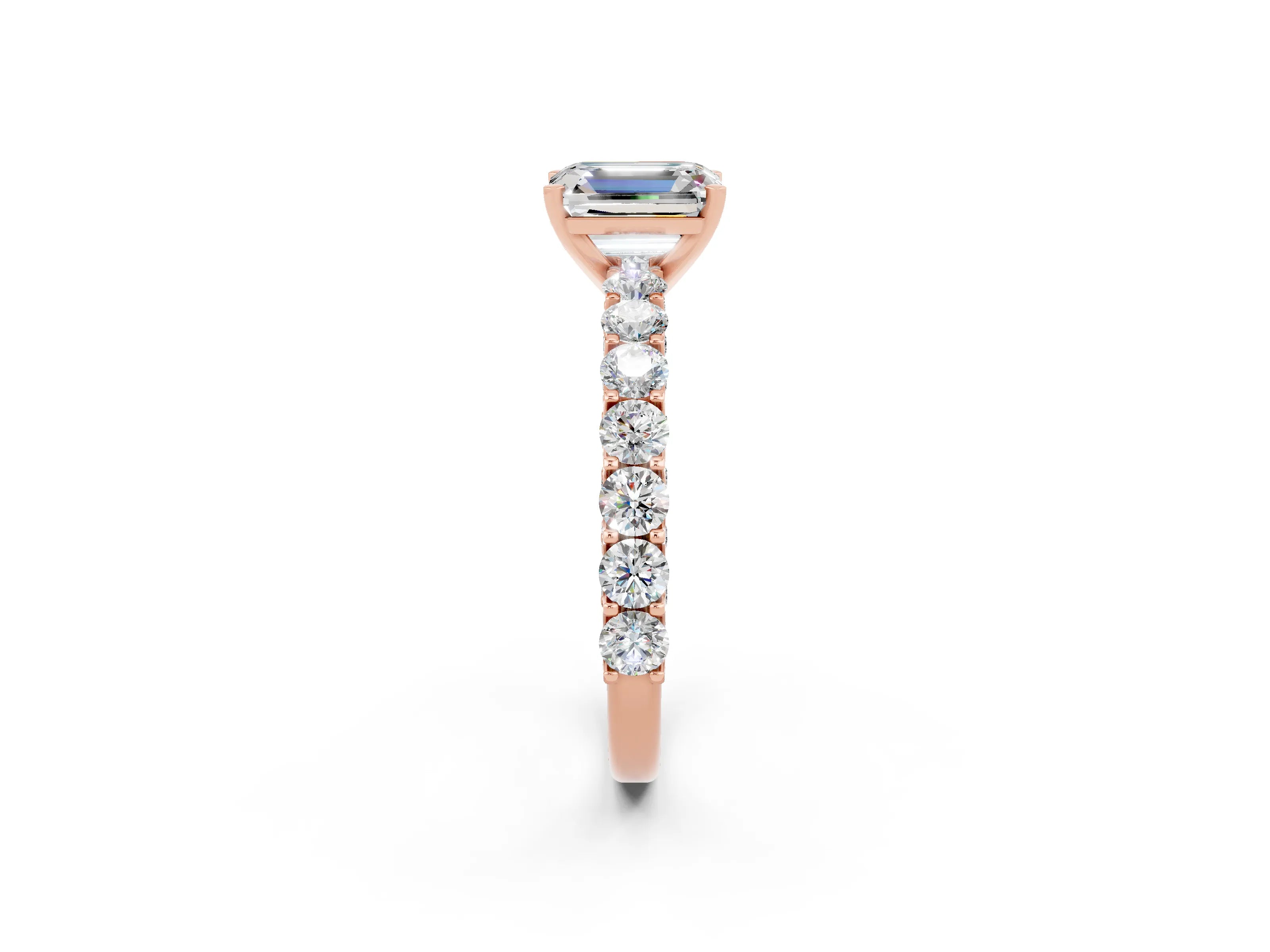 Rose gold Emerald Cut Moissanite Solitaire Ring with Shared Prong Pavé Band and Four-Prong Setting_2
