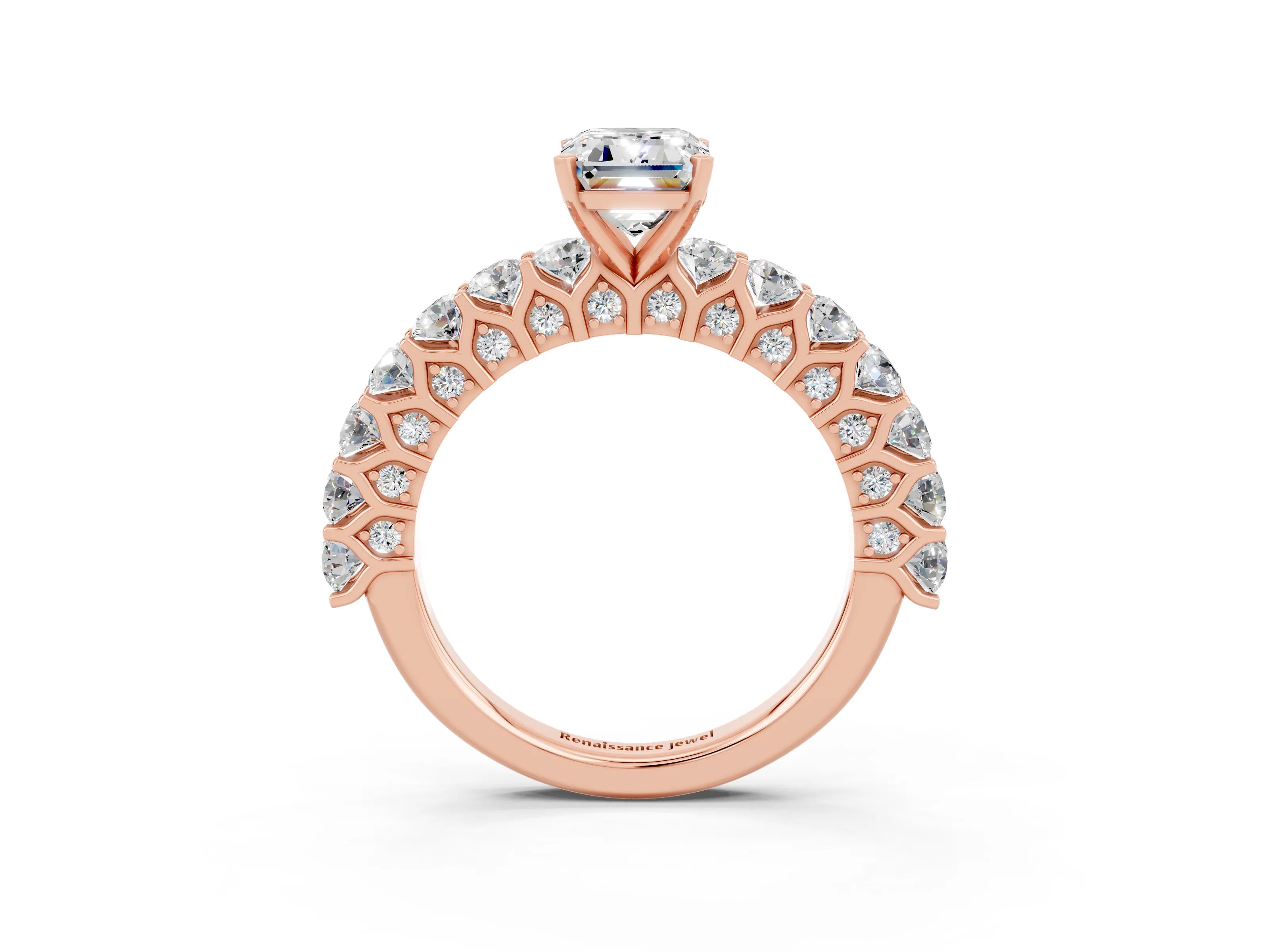 Rose gold Emerald Cut Moissanite Solitaire Ring with Shared Prong Pavé Band and Four-Prong Setting_3
