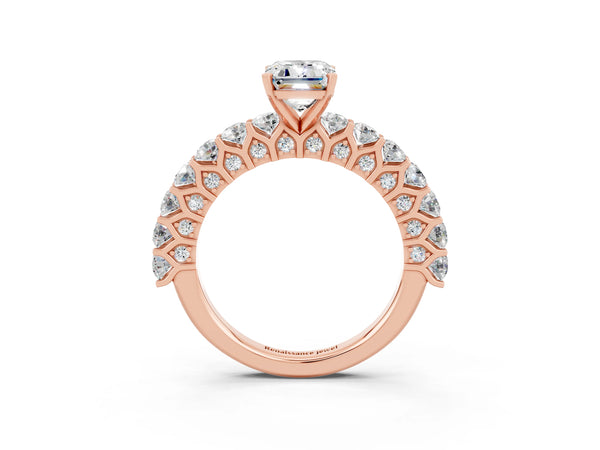 Rose gold Emerald Cut Moissanite Solitaire Ring with Shared Prong Pavé Band and Four-Prong Setting