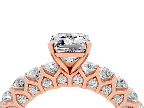 Rose gold Emerald Cut Moissanite Solitaire Ring with Shared Prong Pavé Band and Four-Prong Setting_4