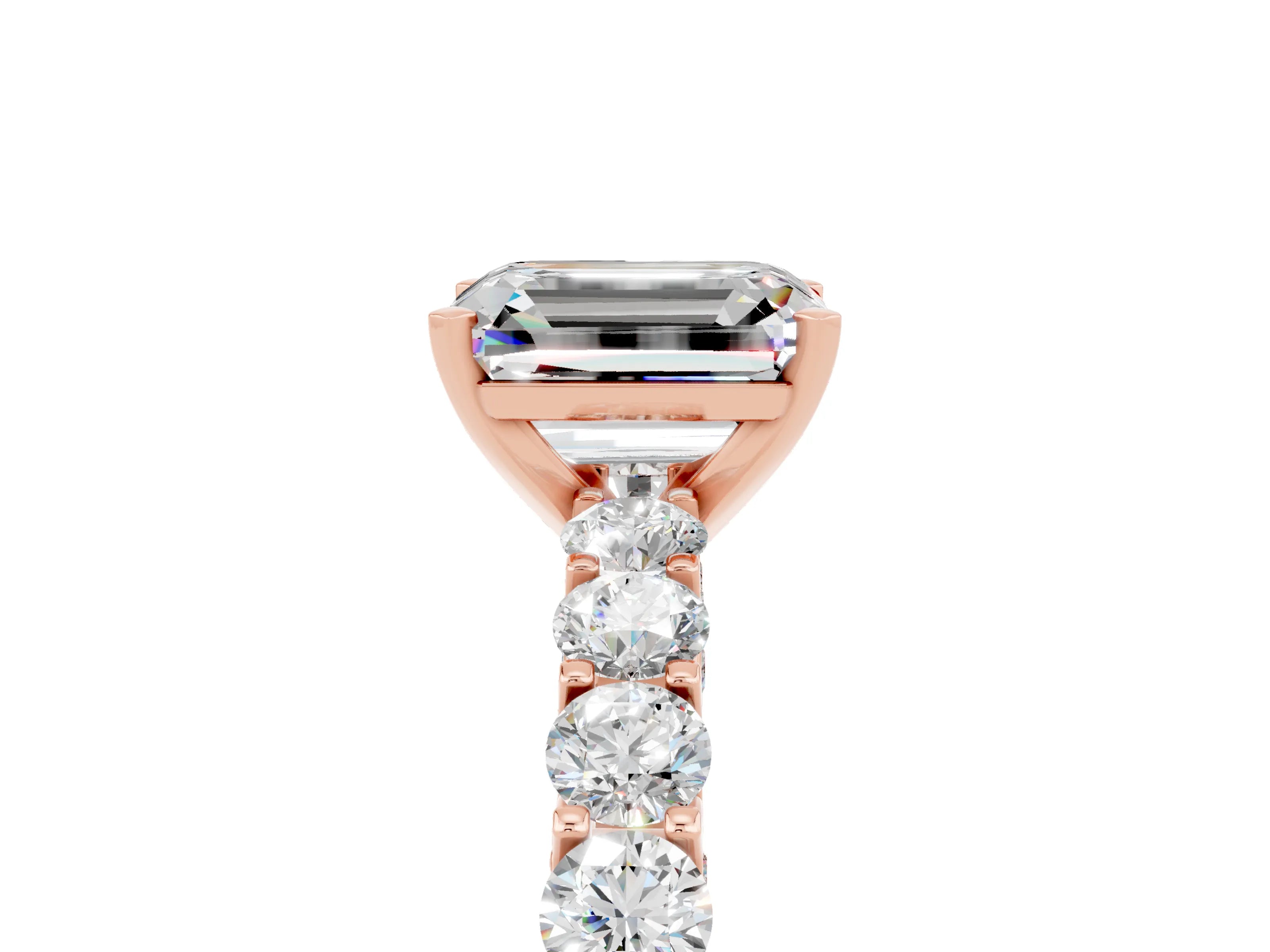 Rose gold Emerald Cut Moissanite Solitaire Ring with Shared Prong Pavé Band and Four-Prong Setting_5