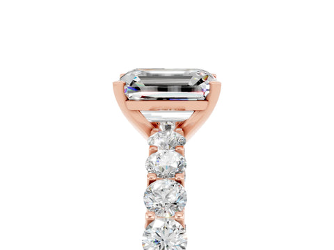 Rose gold Emerald Cut Moissanite Solitaire Ring with Shared Prong Pavé Band and Four-Prong Setting_5