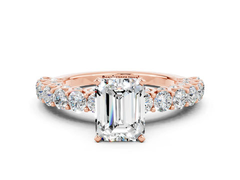 Rose gold Emerald Cut Moissanite Solitaire Ring with Shared Prong Pavé Band and Four-Prong Setting