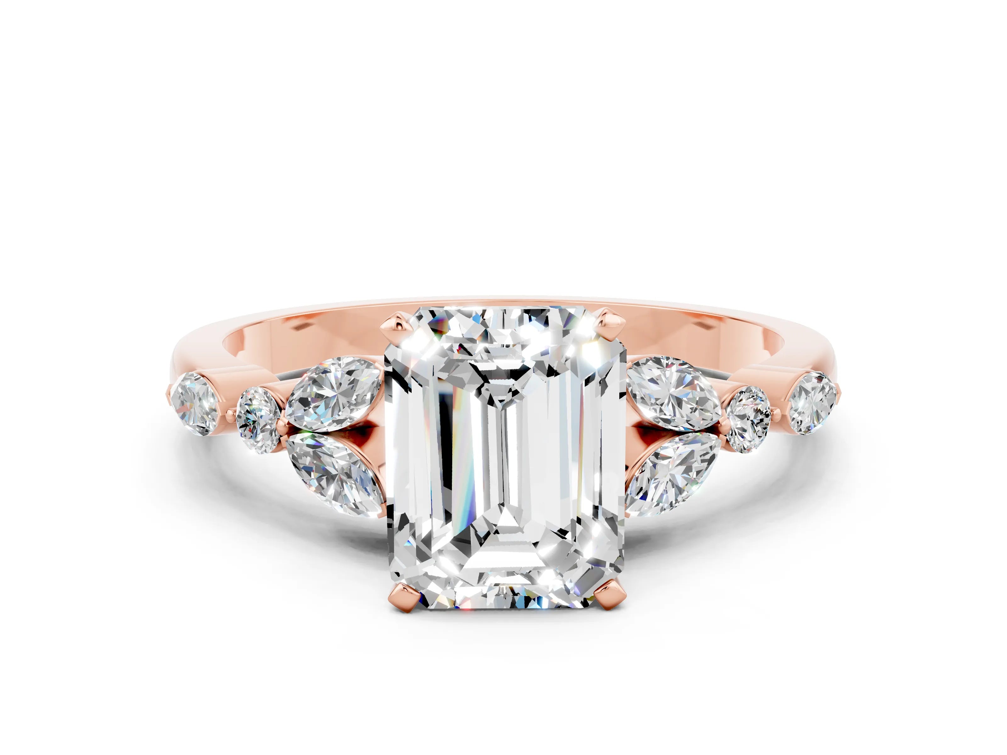 Rose gold Emerald Cut Moissanite Solitaire Ring with Side Stones and Four-Prong Setting_12