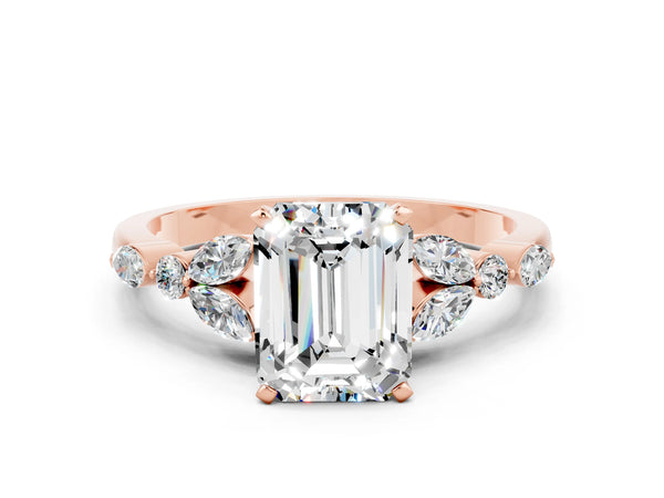 Rose gold Emerald Cut Moissanite Solitaire Ring with Side Stones and Four-Prong Setting