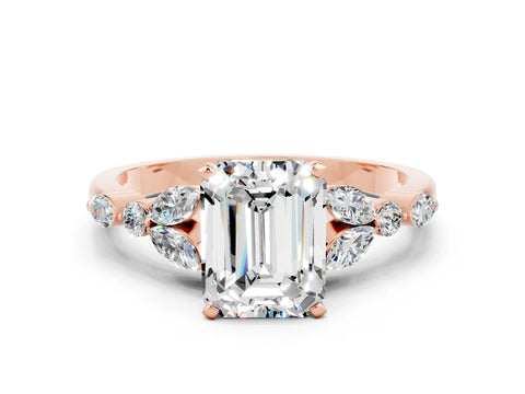 Rose gold Emerald Cut Moissanite Solitaire Ring with Side Stones and Four-Prong Setting_12